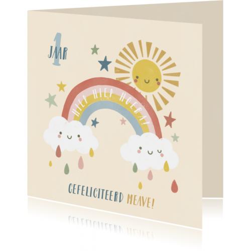 Verjaardagskaart 1 jaar met regenboog, zonnetje en wolkjes