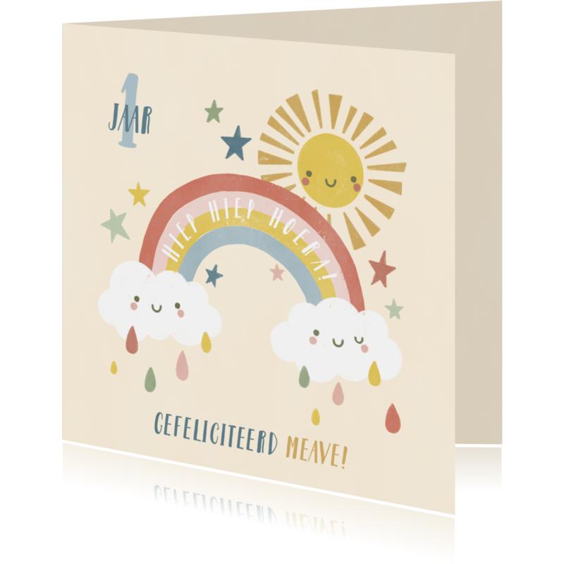 Verjaardagskaart 1 jaar met regenboog, zonnetje en wolkjes