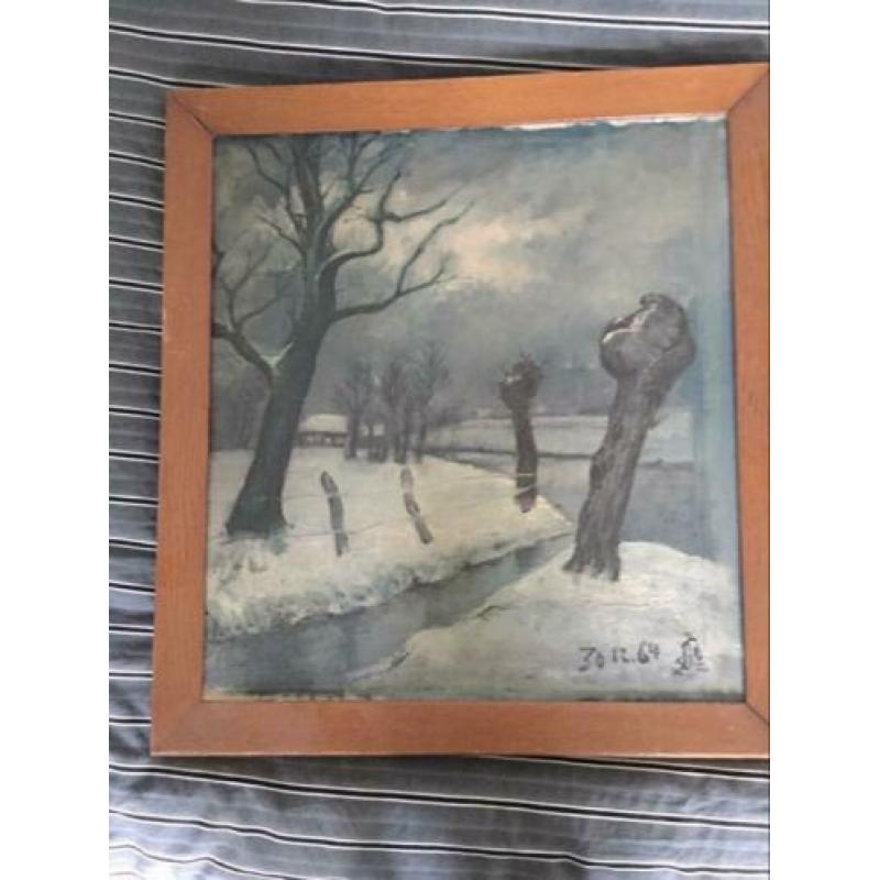 Winterlandschap met knotwilgen. Afmetingen incl lijst 50*54.