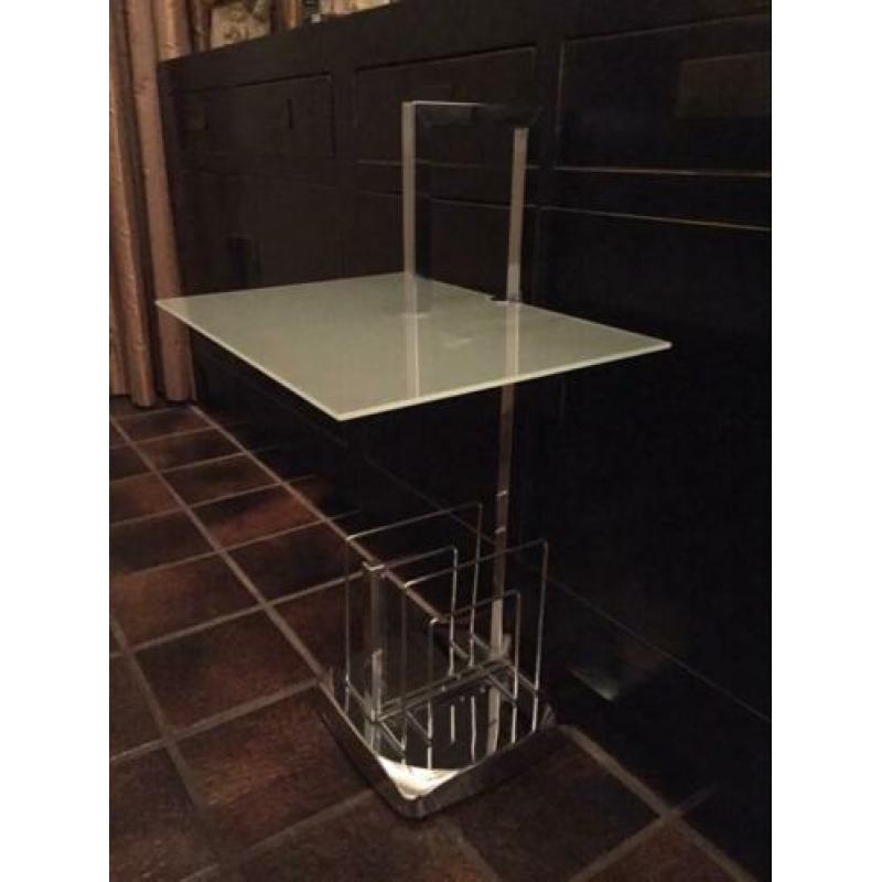 Design vintage bijzet tafeltje lectuurbak chroom rookglas