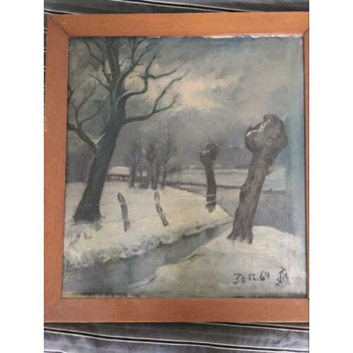 Winterlandschap met knotwilgen. Afmetingen incl lijst 50*54.