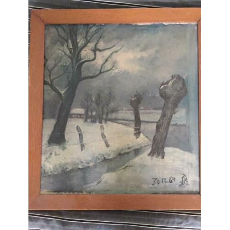 Winterlandschap met knotwilgen. Afmetingen incl lijst 50*54.