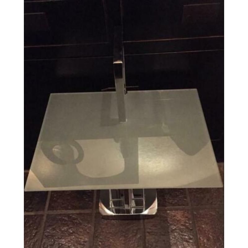 Design vintage bijzet tafeltje lectuurbak chroom rookglas