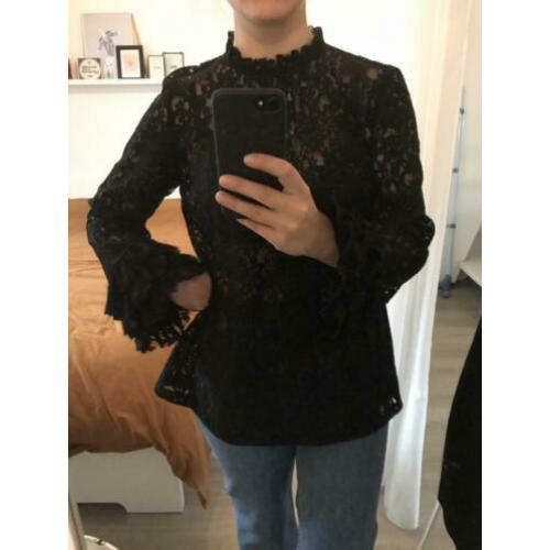 Zara zwarte kanten top met wijde mouw - S