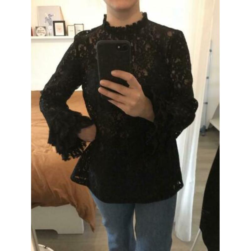 Zara zwarte kanten top met wijde mouw - S