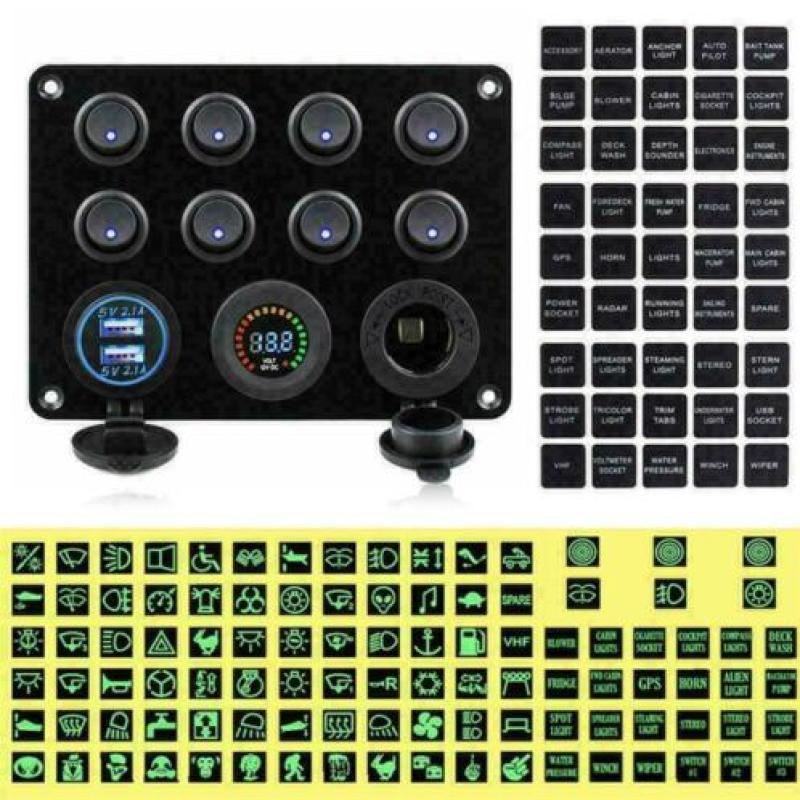 schakelpaneel boot 8 schakelaars/ zekering/12v/usb/voltmeter