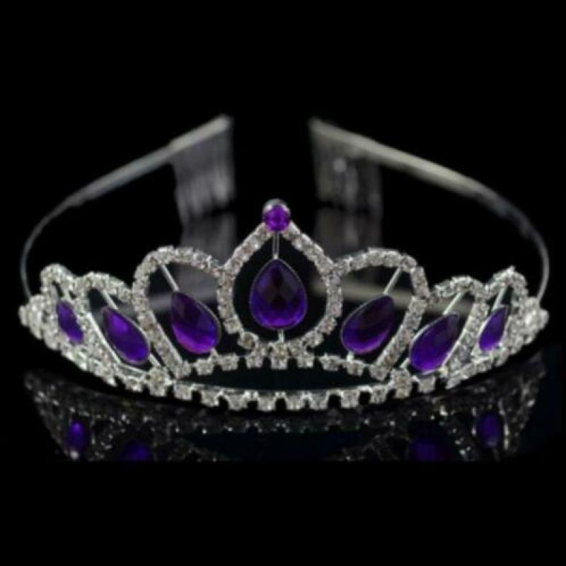 Nw! Prachtige Tiara Kroon Paars Strass-steen zilver (mooi!)