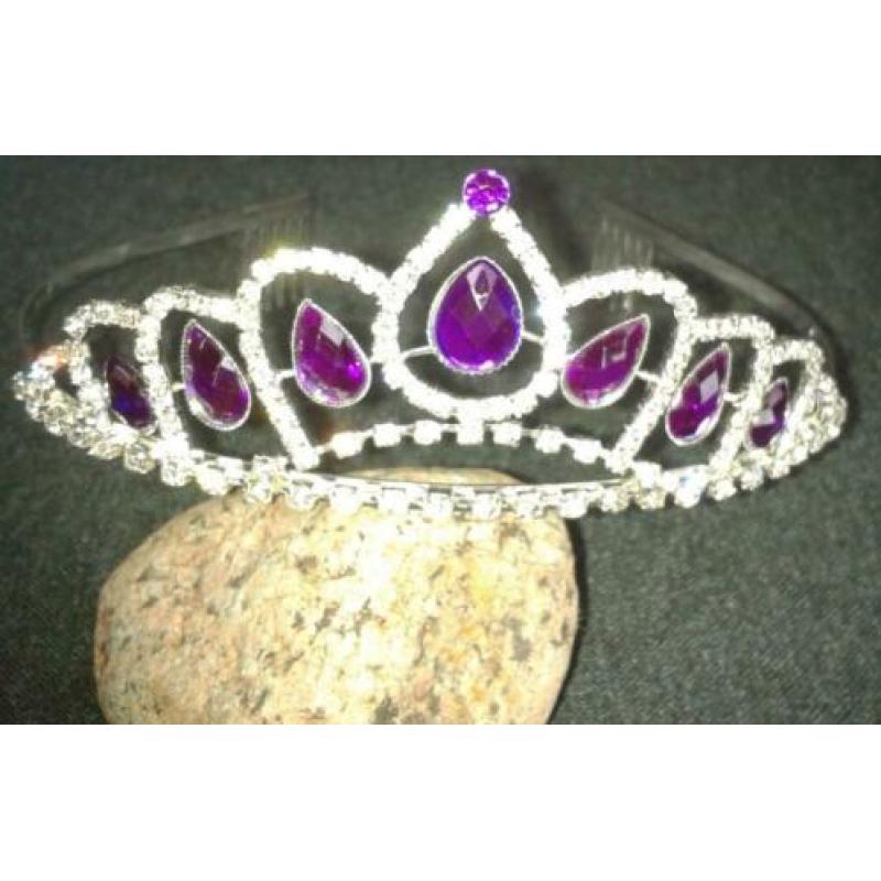 Nw! Prachtige Tiara Kroon Paars Strass-steen zilver (mooi!)