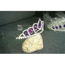 Nw! Prachtige Tiara Kroon Paars Strass-steen zilver (mooi!)