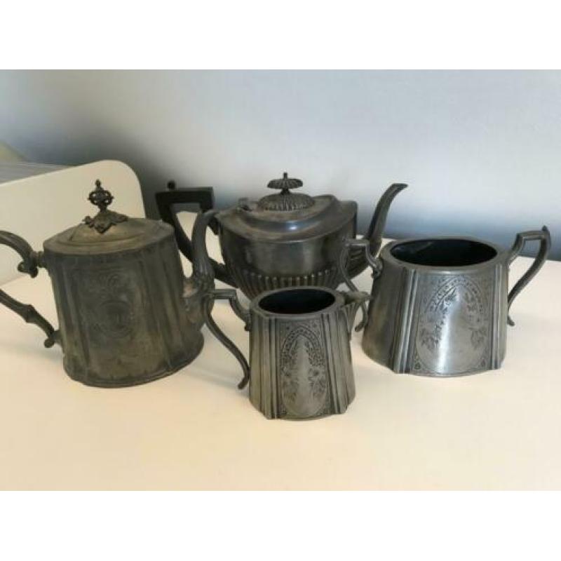 4 Antieke Tinnen (Silverplate) voorwerpen uit ca 1860