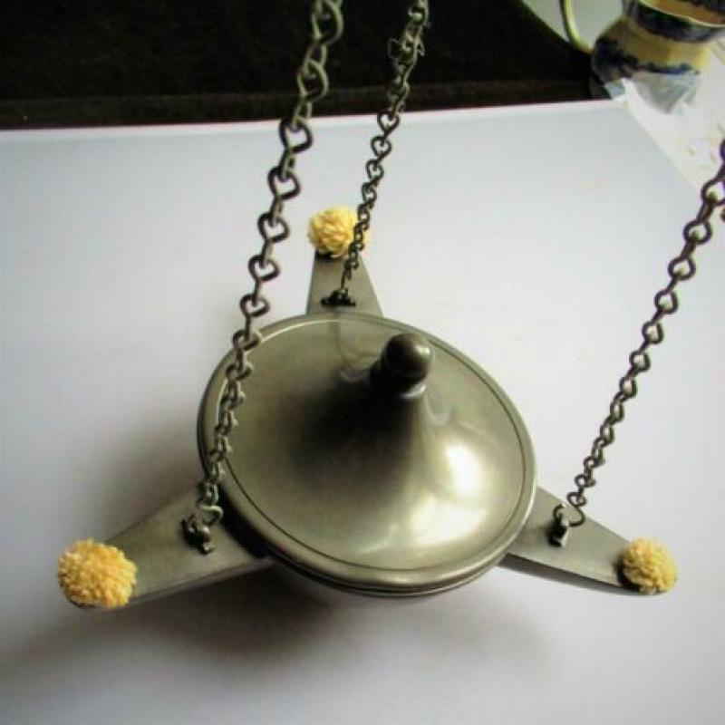 Olielamp Tin~3 Armig Lampje~Antiek Tinnen Olielamp~Hanglamp