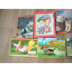 8 oude kinder puzzels clown panda kippen poezen hond enz