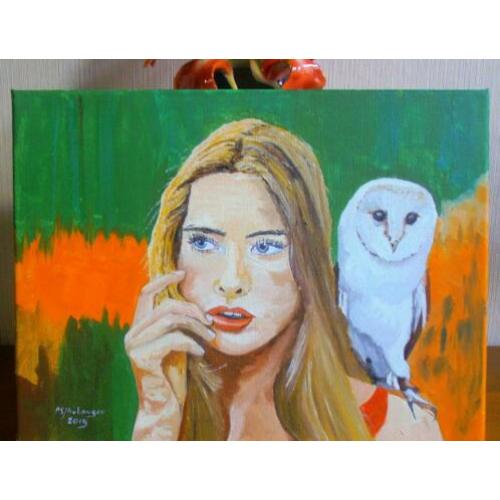 Meisje met uil minerva olieverf psja van langen