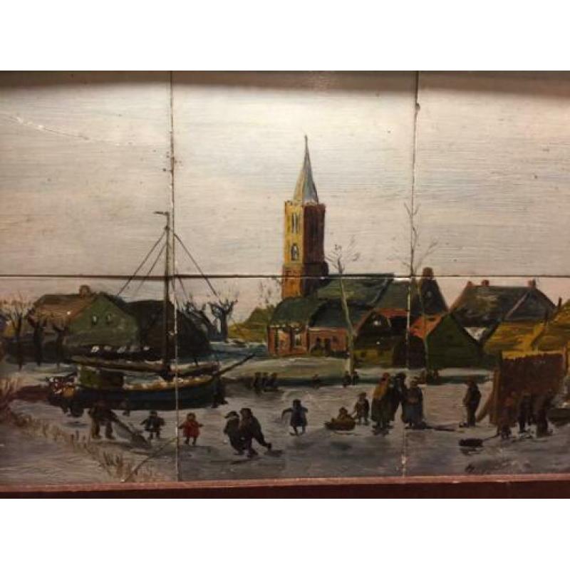 Tegel schilderij Nederland winter gesigneerd