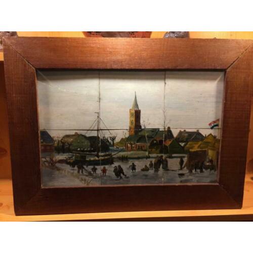 Tegel schilderij Nederland winter gesigneerd