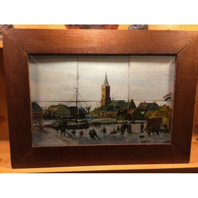 Tegel schilderij Nederland winter gesigneerd