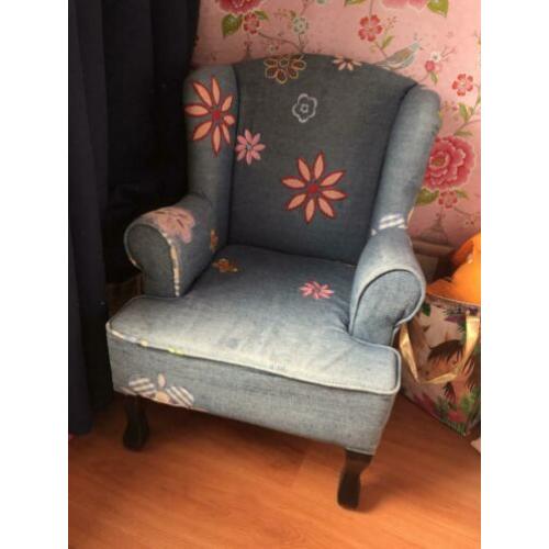 Kinder fauteuil jeansstof met leuk bloemenmotief