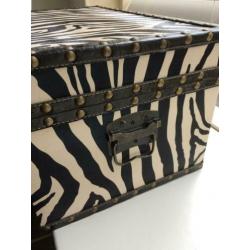 Leuke dekenkist met zebra print en paarse voering