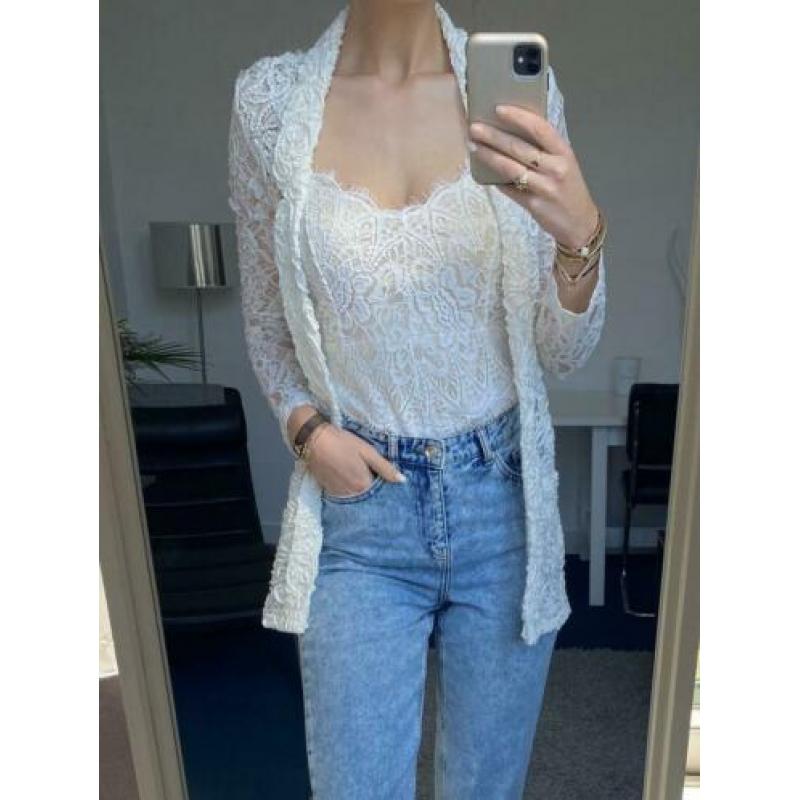 Witte kanten blazer lace colbert lang XS/S 34 36 ZGAN
