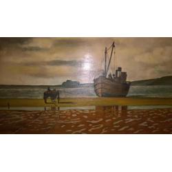 Olieverf schilderij J. v.d. Heijden strand/zee gezicht boot