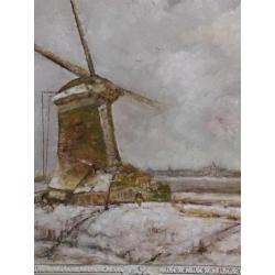 Oud olieverf op doek hollands landschap met molen