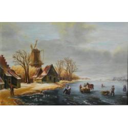 Winterlandschap m/molen en man m/hout (Boeske)