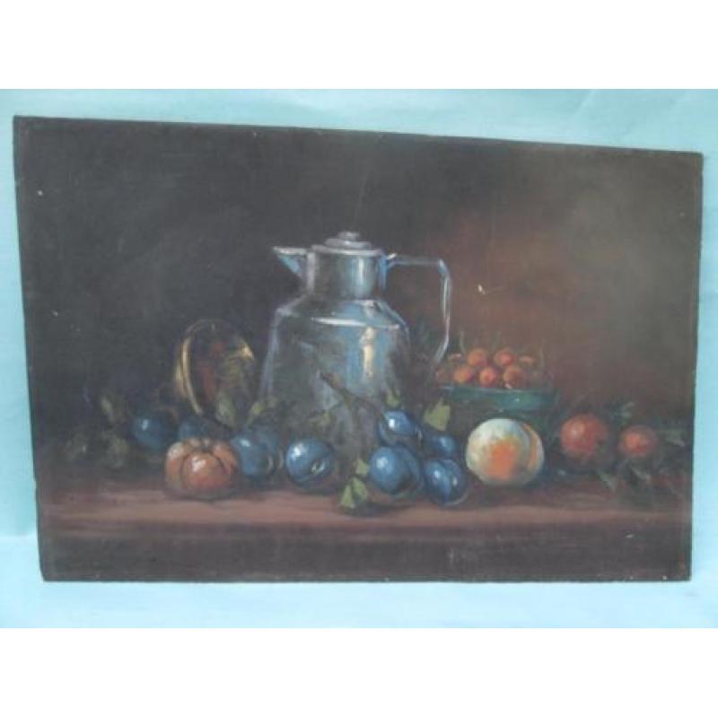 Stilleven met Kan en Fruit op Board Gesigneerd