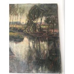 Oud olieverf schilderij platteland bomen water boerderij