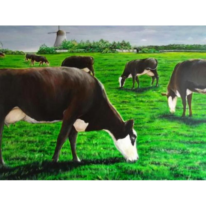 Groot uniek schilderij Koeien, 80x120cm / Hollands landschap