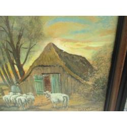 Olie/schilderskarton. R.Stoffer, schapen met herder.