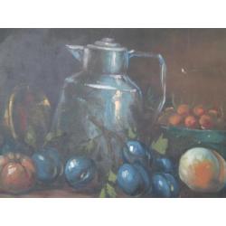 Stilleven met Kan en Fruit op Board Gesigneerd