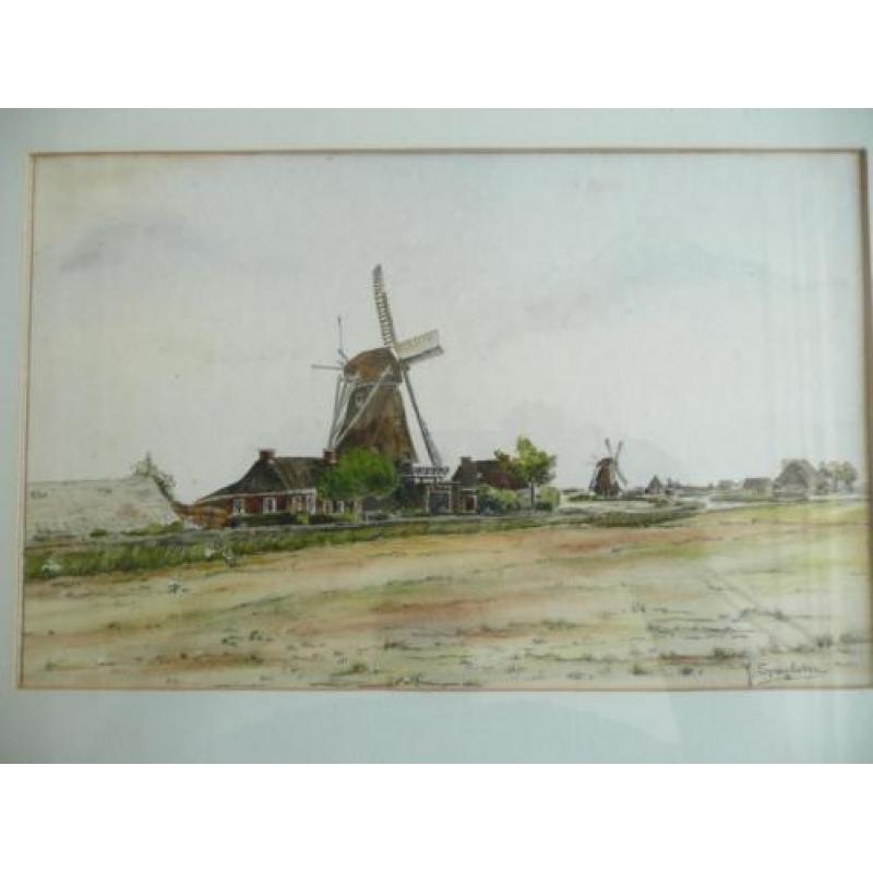 Schilderij Boerderijen met molens door J. Spoelstra. Afmetin