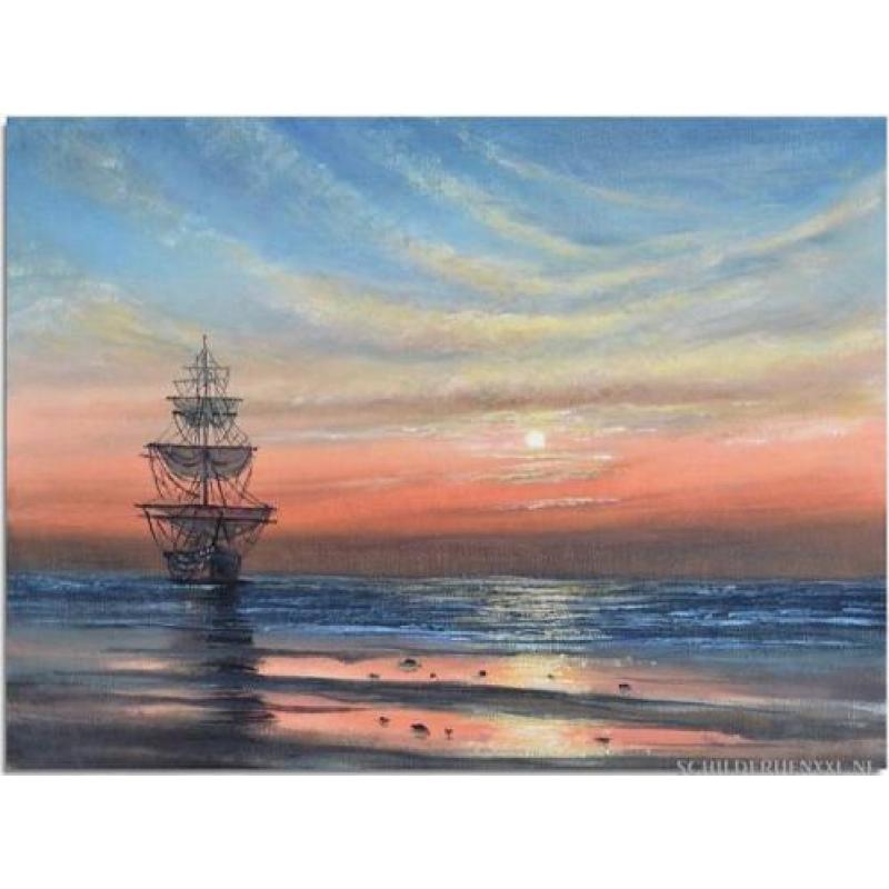 Maritieme schilderijen,zee,strand,zeilboot,schip,boot
