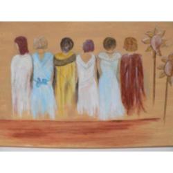 schilderij op hout geschilderd 6 dames