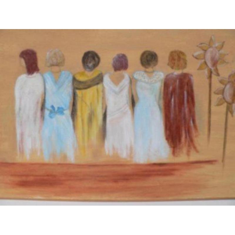 schilderij op hout geschilderd 6 dames