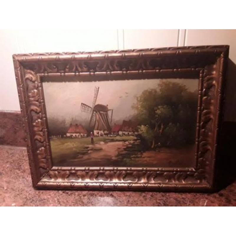 Antiek oud retro vintage schilderij met molen en huisjes