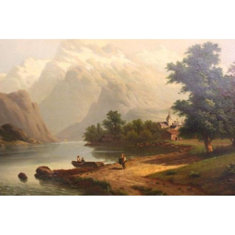 doek, 65 x 94, Zwitsers landschap, meer en figuren, ges.1884