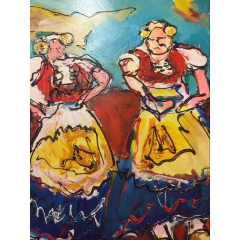 Modern schilderij - dansende boerinnetjes - Arno Overdevest