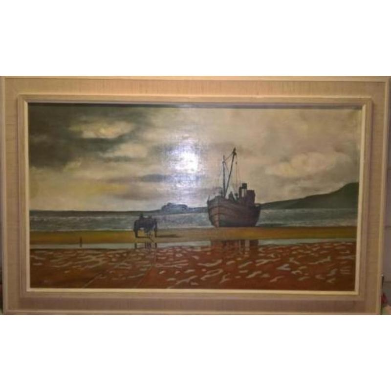 Olieverf schilderij J. v.d. Heijden strand/zee gezicht boot