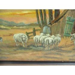 Olie/schilderskarton. R.Stoffer, schapen met herder.