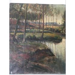 Oud olieverf schilderij platteland bomen water boerderij