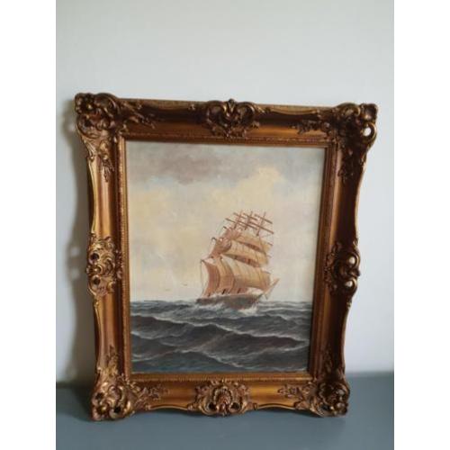 Schilderij schip op zee zeilschip houten barok lijst