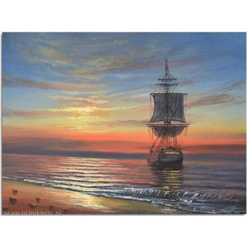 Maritieme schilderijen,zee,strand,zeilboot,schip,boot