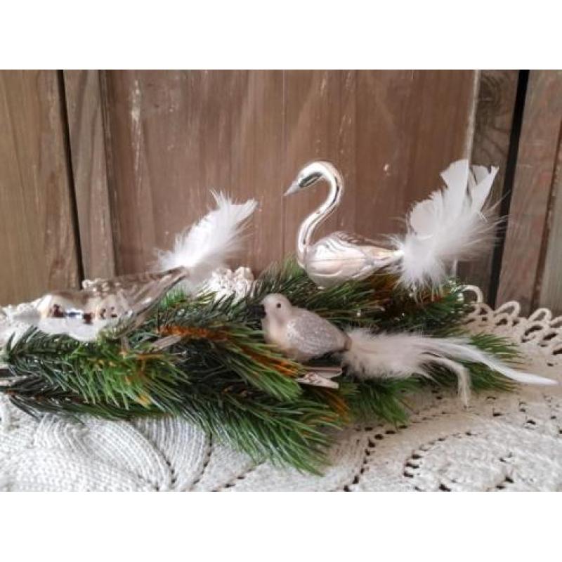 3 brocante zilverkleurige kerstballen vogel/zwaan/kerst